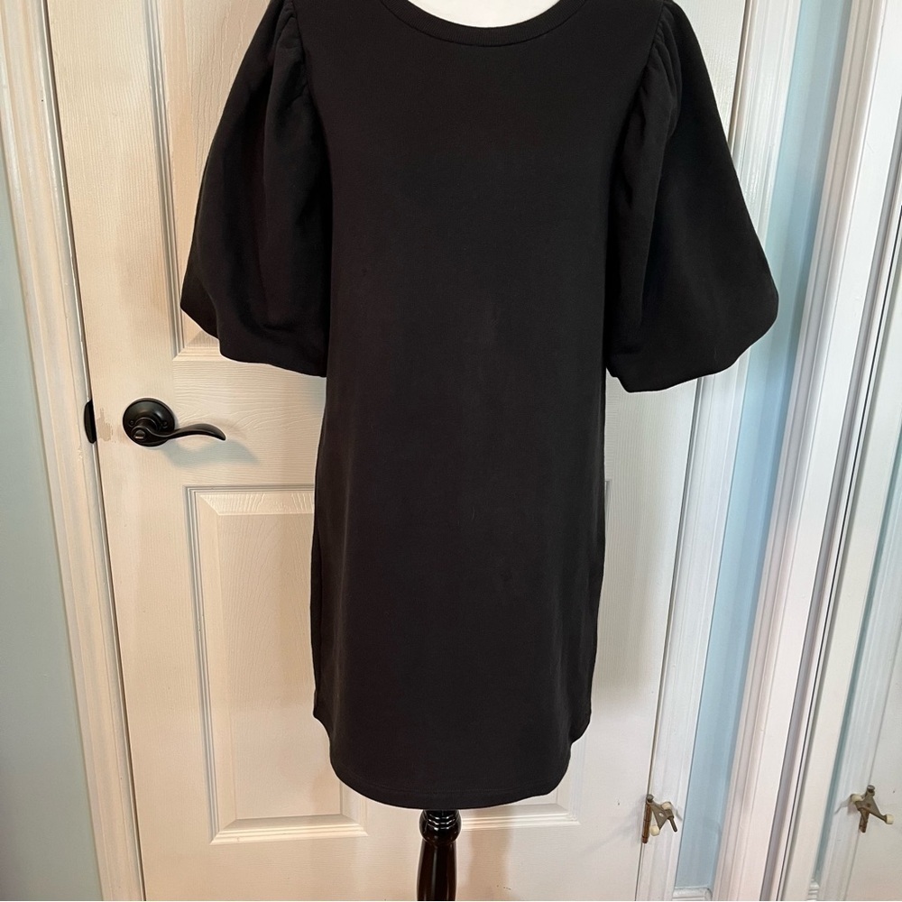 Rebecca Minkoff Mina Elbow Puff Sleeve French Terry Dress Black Medium Sweater - Picture 2 of 11